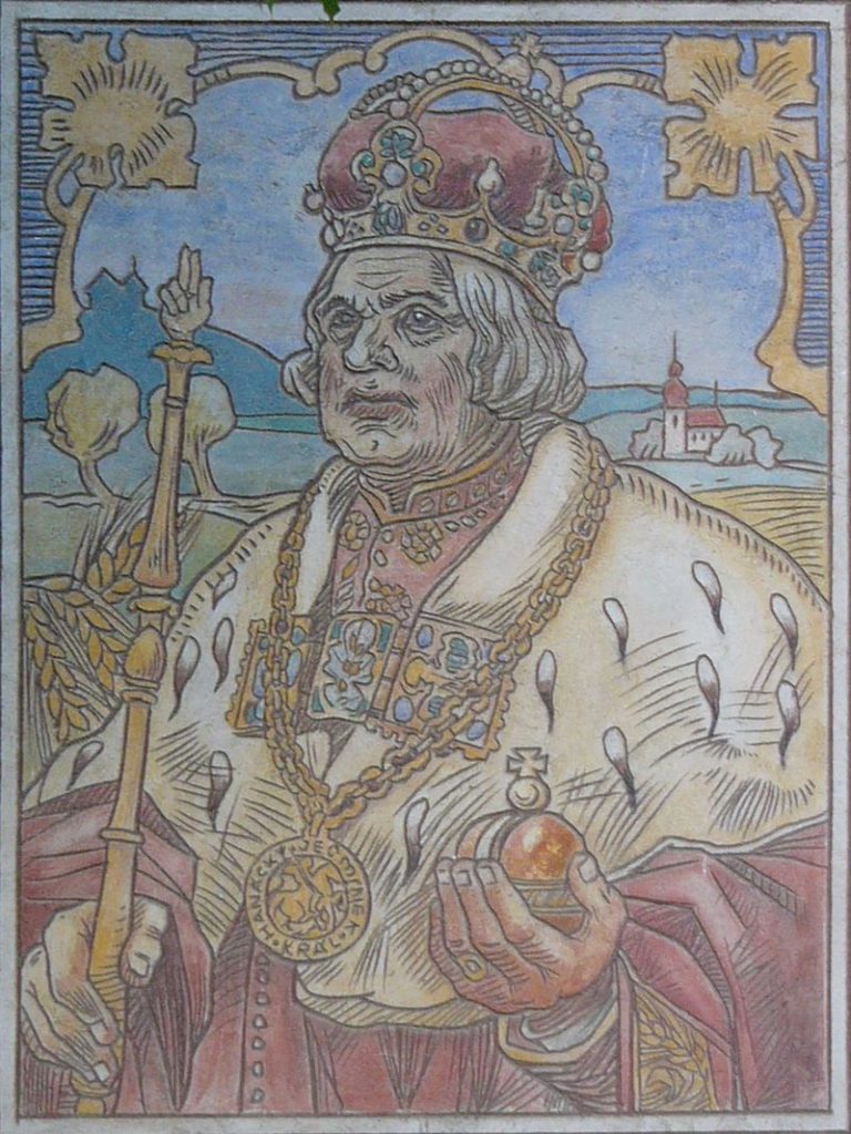 Král Ječmínek - pseudorenesanční sgrafito z roku 1900–1901 na vnější zdi prostějovského zámku