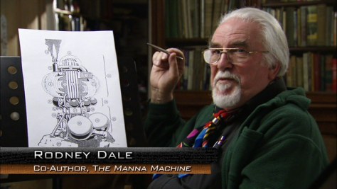 Rodney Dale s nákresem stroje na výrobu many.