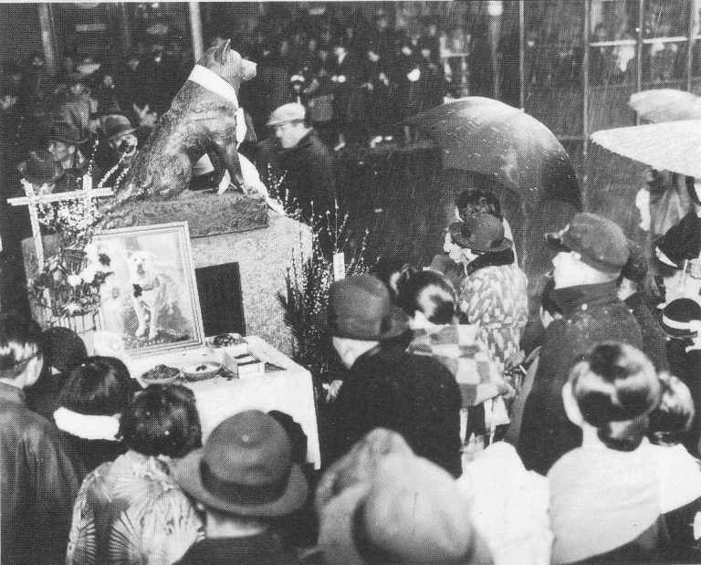 Rok po Hachikově smrti mu lidé přichází složit poklonu přímo na nádraží, kde čekával. Foto: Wikimedia Commons