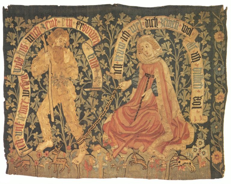 Urozená dáma krotí divého muže na tapiserii z 15. století, foto Wikimedia Commons