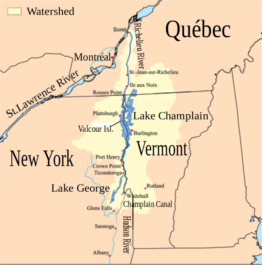 Mapa jezera Champlain, které se rozkládá na pomezí USA a Kanady. Foto: wikipedia commons