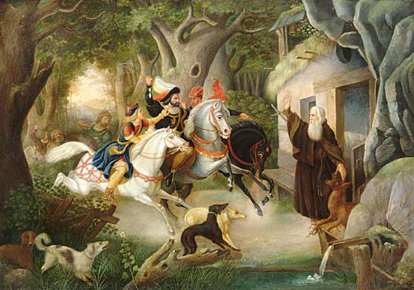 Svatý Prokop vítá knížete Oldřicha na obrazu neznámého autora z poloviny 19. století. Foto: Wikimedia Commons