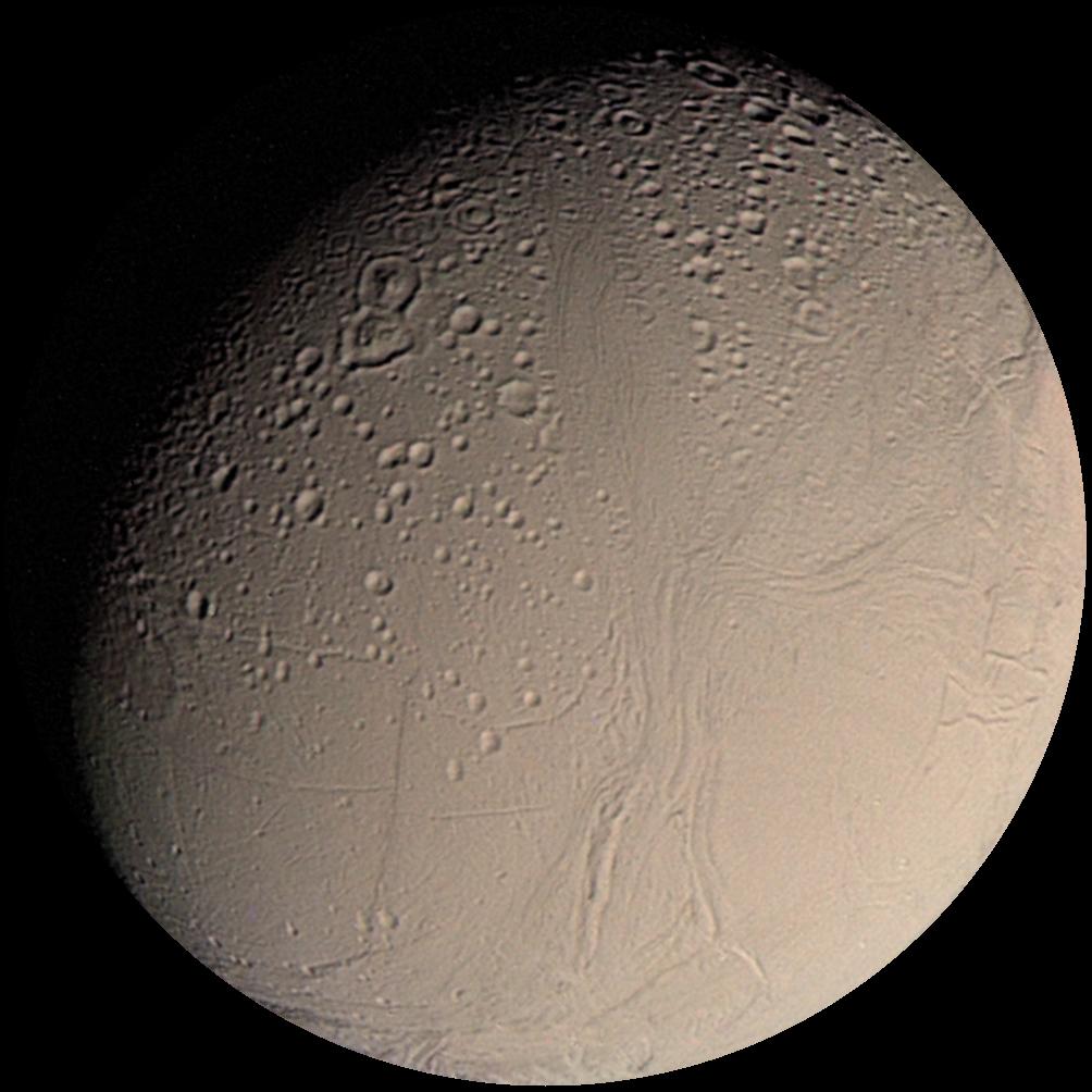 Encelandus zachycený sondou Voyager, foto Wikimedia Commons