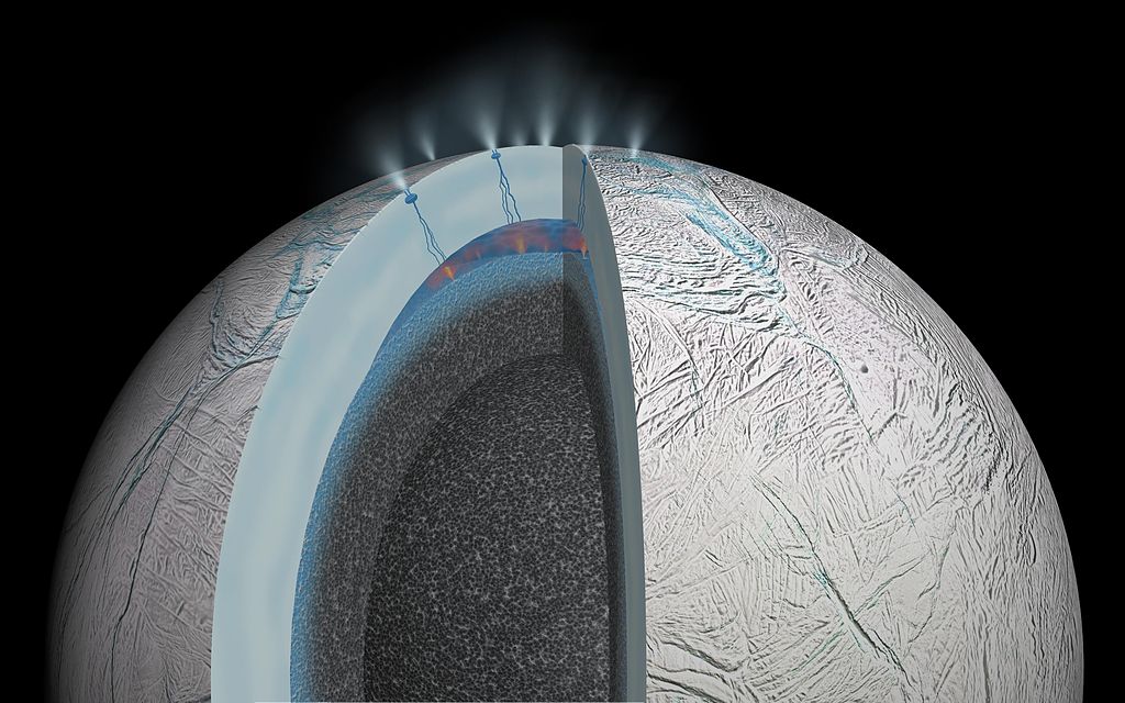 Pod ledem Encelandu se nachází slanovodní oceán, foto Wikimedia Commons