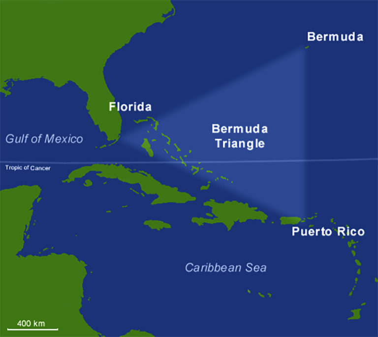 Oblast Bermudské trojúhelníku vyznačená na mapě, foto Wikimedia Commons