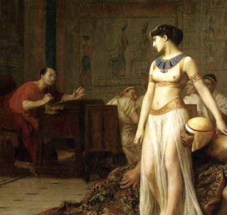 K Caesarovi se podle legendy dostane Kleopatra zabalená v koberci. Vládce má pro ženy slabost. zejména pro ty půvabné, mladší a inteligentní... Foto: Wikimedia commons - volné dílo