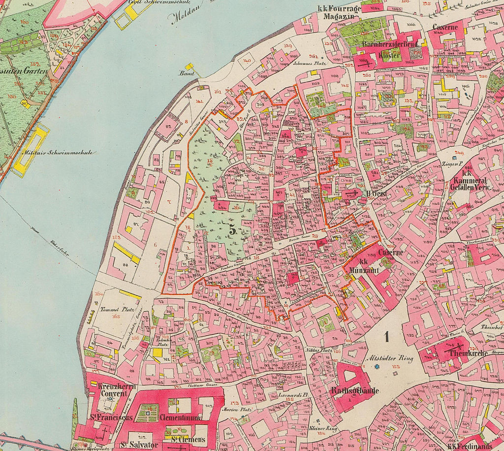 Vymezené místo brzy nestačí. Josefov, židovské město, je na mapě vyznačen červeně. Foto:  Creative Commons - volné dílo 