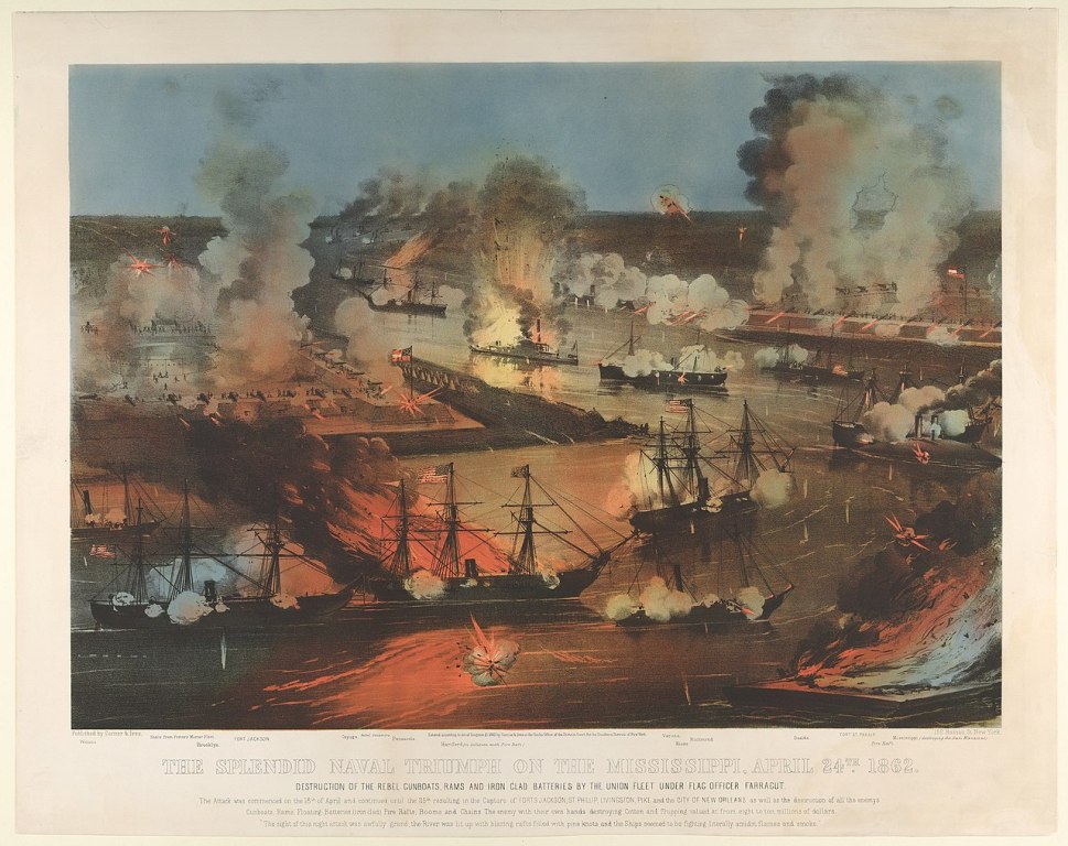 Bojové akce na řece Mississipi. (U.S. Naval Historical Center Photograph. Photo #: NH 76369-KN (Color) (complete caption), Public domain, via Wikimedia Commons)