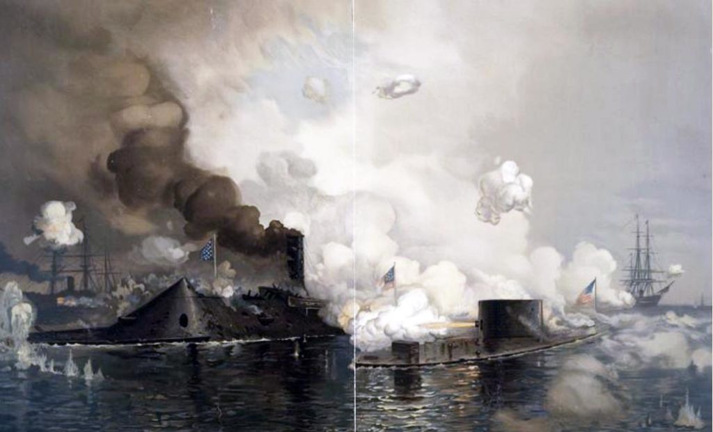 Kromě ponorky Hunley přinesla občanská válka například i nasazení pancéřovaných hladinových lodí. Obraz Juliana Olivera Davidsona (1853-1894) zobrazuje jejich vzájemné střetnutí. ( Public domain, via Wikimedia Commons)