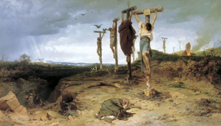 Epilogem pro starověké povstání vedené thráckým otrokem Spartakem byly tisíce vztyčených křížů. Zdroj foto: Fyodor Bronnikov, Public domain, via Wikimedia Commons