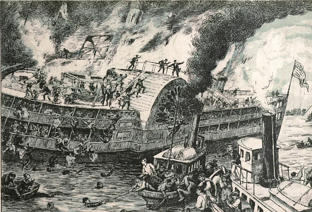 Kolesový parník General Slocum v plamenech. Zdroj obrázku:   Angelo Agostini, Public domain, via Wikimedia Commons