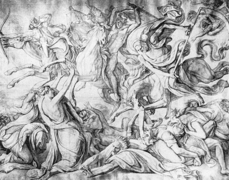 Jezdci z apokalypsy jako symbol konce světa. Zdroj obrázku: Peter von Cornelius, Public domain, via Wikimedia Commons