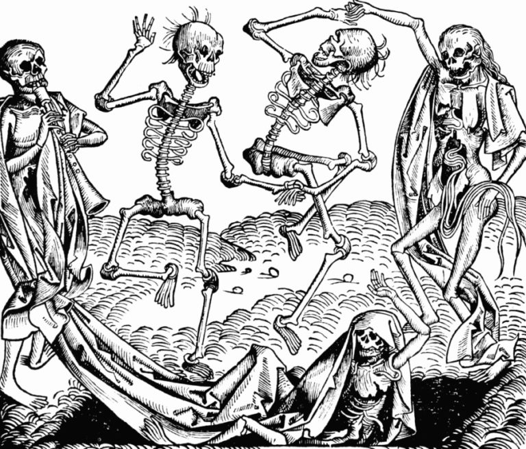 Morový tanec smrti v Evropě 14. století. Ilustrace Hartmanna Schedela z Norimberské kroniky. Zdroj obrázku: Public domain, via Wikimedia Commons
