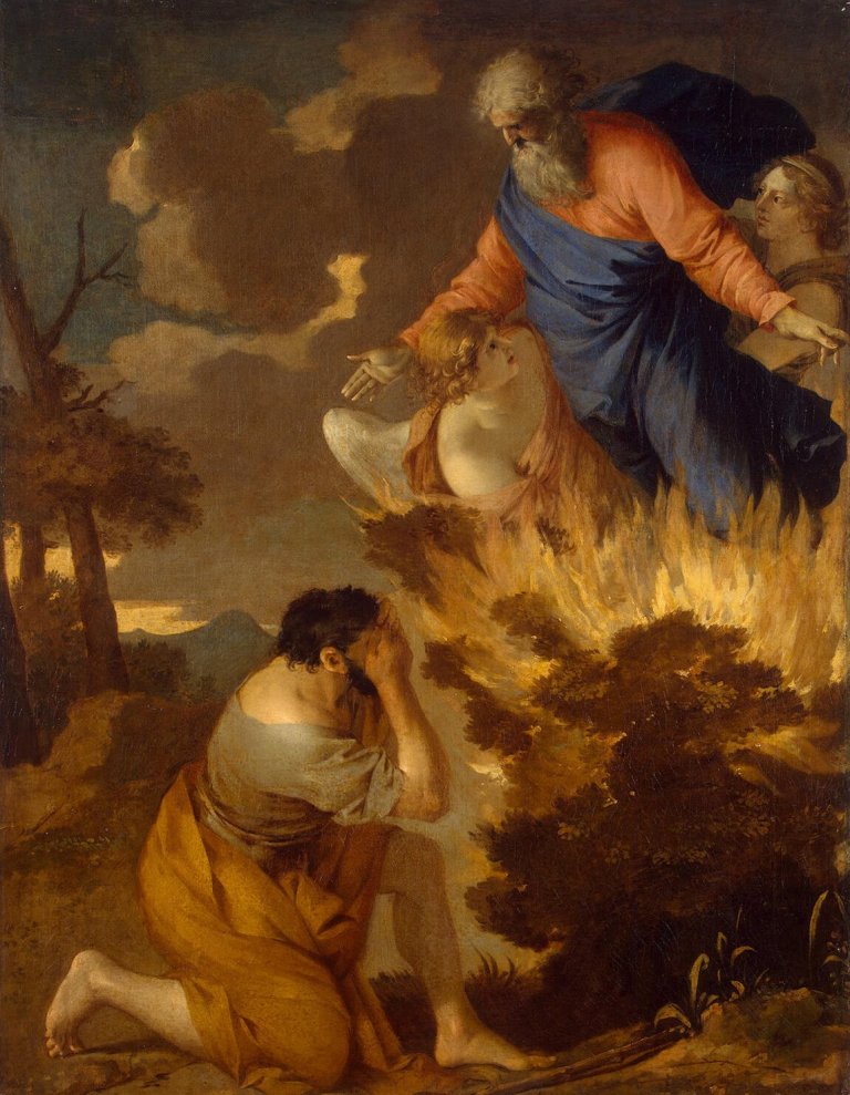 Umělecké vyobrazení setkání Mojžíše s hořícím keřem. Zdroj obrázku:   Sébastien Bourdon, Public domain, via Wikimedia Commons
