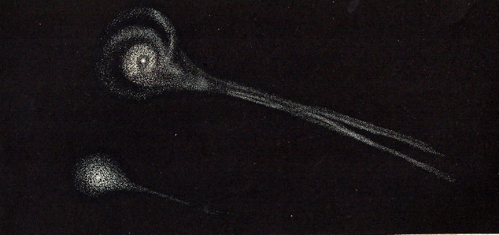 Kometa Biela v roce 1846, kdy se rozdělila na dvě tělesa. Zdroj obrázku:   E. Weiß, Public domain, via Wikimedia Commons