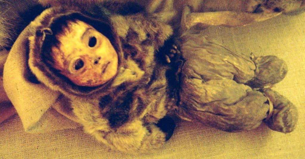 Mumie z Qilakitsoq, objevené v Grónsku v roce 1972: Mumie šestiměsíčního chlapečka, foto Choffa / Creative Commons / volné dílo