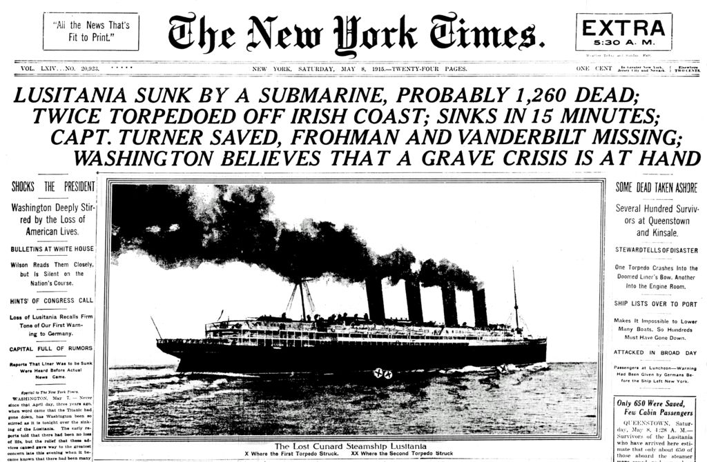 Zpráva o potopení parníku na titulní straně novin The New York Times. Zdroj obrázku:  The New York Times (newspaper), Public domain, via Wikimedia Commons