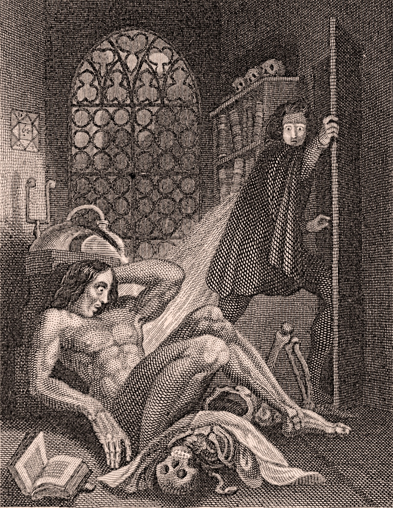 Obálka – frontispis románu Frankenstein. Zdroj obrázku: Theodore Von Holst (1810-1844), Public domain, via Wikimedia Commons

