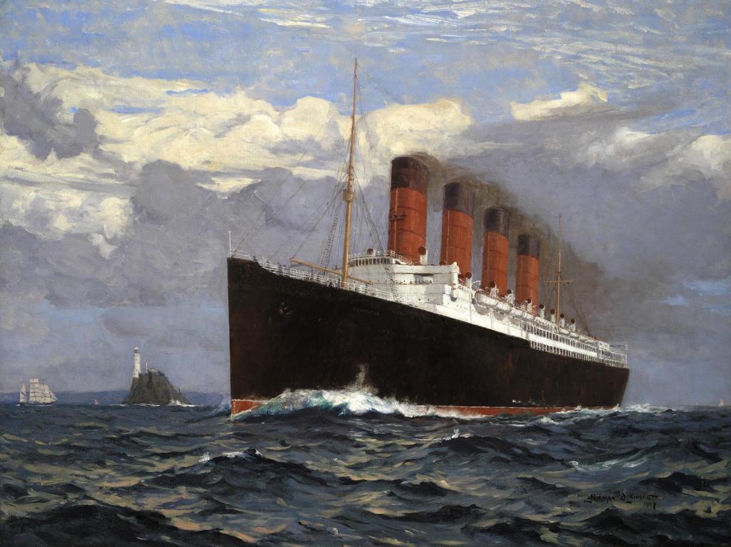 RMS  Lusitania vynikala rychlostí. Zdroj obrázku:  Norman Wilkinson, Public domain, via Wikimedia Commons

