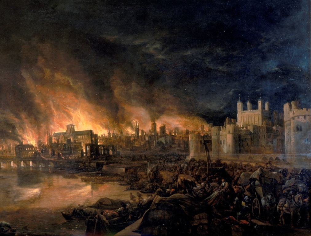 Požár v roce 1666 devastoval rozsáhlé území Londýna. Zdroj obrázku: Museum of London, Public domain, via Wikimedia Commons