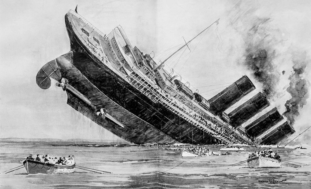 Obří zaoceánský parník se potopil v řádu minut. Zdroj obrázku:   Norman Wilkinson, Public domain, via Wikimedia Commons

