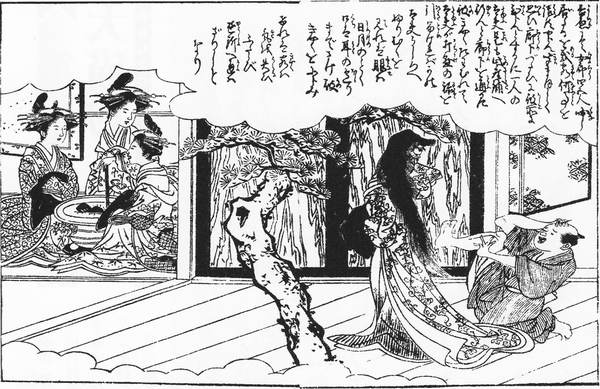 Dobová japonská ilustrance Kuchisake-onny z 19. století. FOTO: Hayami Shungyōsai (速水春暁斎, Japanese, *1767, †1823), Public domain, via Wikimedia Commons