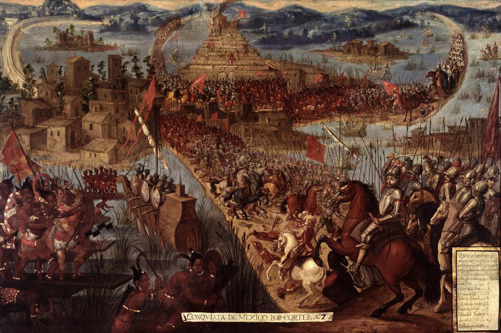 Rytiny Theodora de Bry se od oficiálních impozantních maleb značně lišily. Na této je španělský triumf při dobytí hlavního města Aztécké říše. Zdroj obrázku: Unknown author, Public domain, via Wikimedia Commons