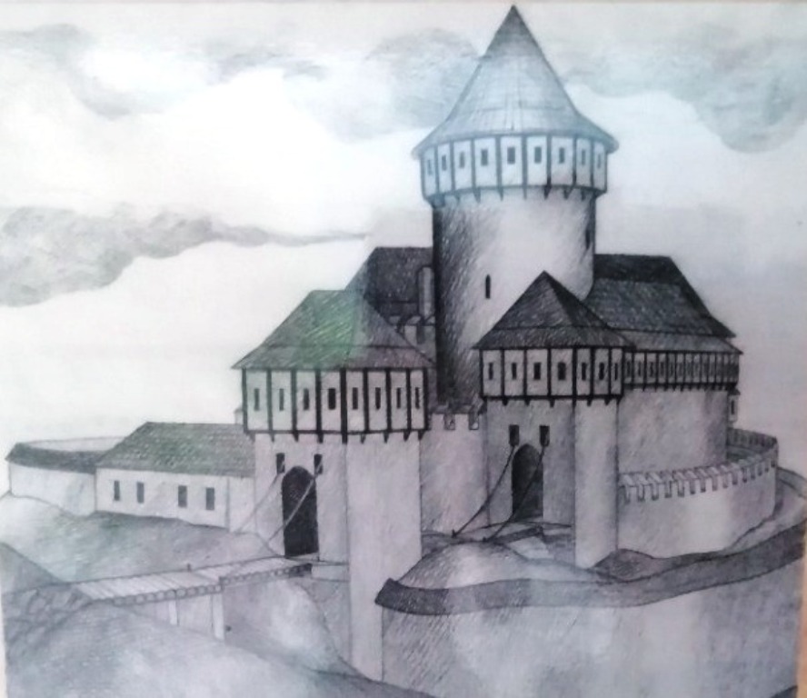 Podoba hradu Vízmburk v dobách jeho vrcholné slávy. Reprofoto z obrazového panelu v areálu hradu.  Foto autor