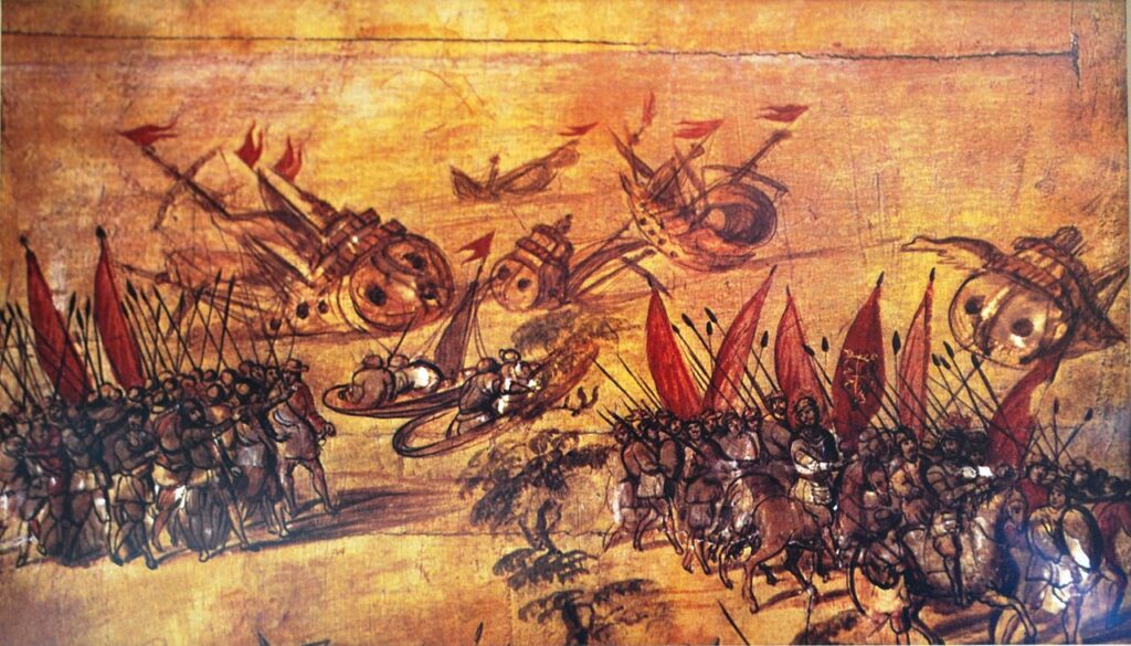 Vyobrazení „spálení“ Cortésových lodí před útokem na Aztéckou říši. Zdroj obrázku: AlejandroLinaresGarcia, CC BY-SA 4.0 , via Wikimedia Commons