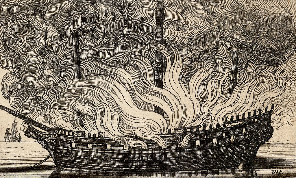 Hořící loď jako motivační symbol odhodlání jít vstříc budoucnosti. Zdroj foto: Wenceslaus Hollar, Public domain, via Wikimedia Commons