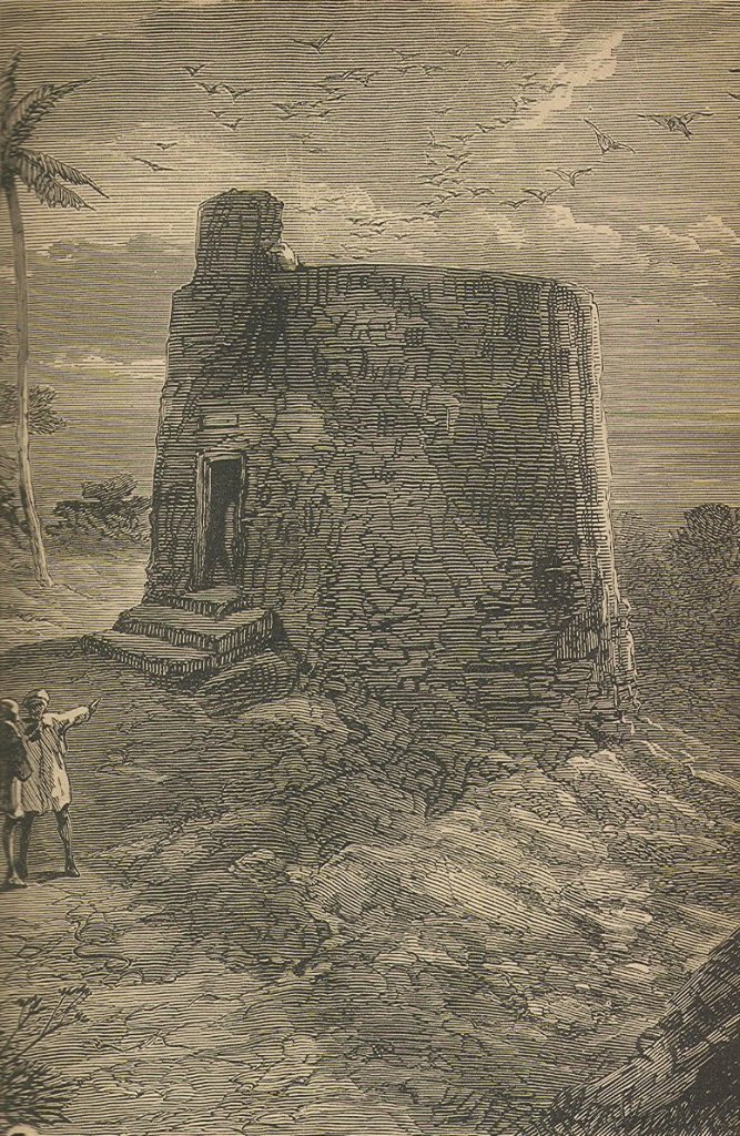 Rytina z 19. století zobrazuje jednu z věží mlčení u indického města Bombaj. Zdroj obrázku:   Cornelius Brown, Public domain, via Wikimedia Commons