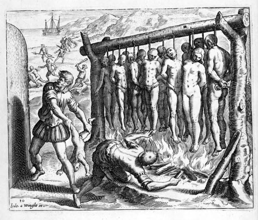 Španělé připravili domorodým obyvatelům krutou smrt. Rytina Theodor de Bry. Zdroj obrázku:   Joos van Winghe, Public domain, via Wikimedia Commons

