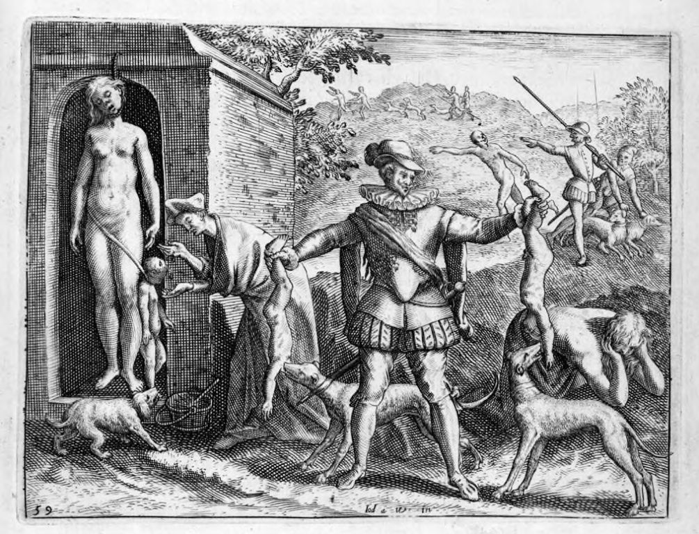 Urozený Španěl krmí své psy masem domorodých dětí. Rytina Theodora de Bry.  Zdroj obrázku:  Joos van Winghe, Public domain, via Wikimedia Commons


