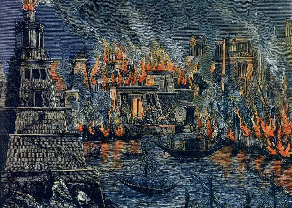 Požár Alexandrie byl vždy oblíbeným námětem výtvarného umění. Zdroj obrázku: Hermann Göll, Public domain, via Wikimedia Commons


