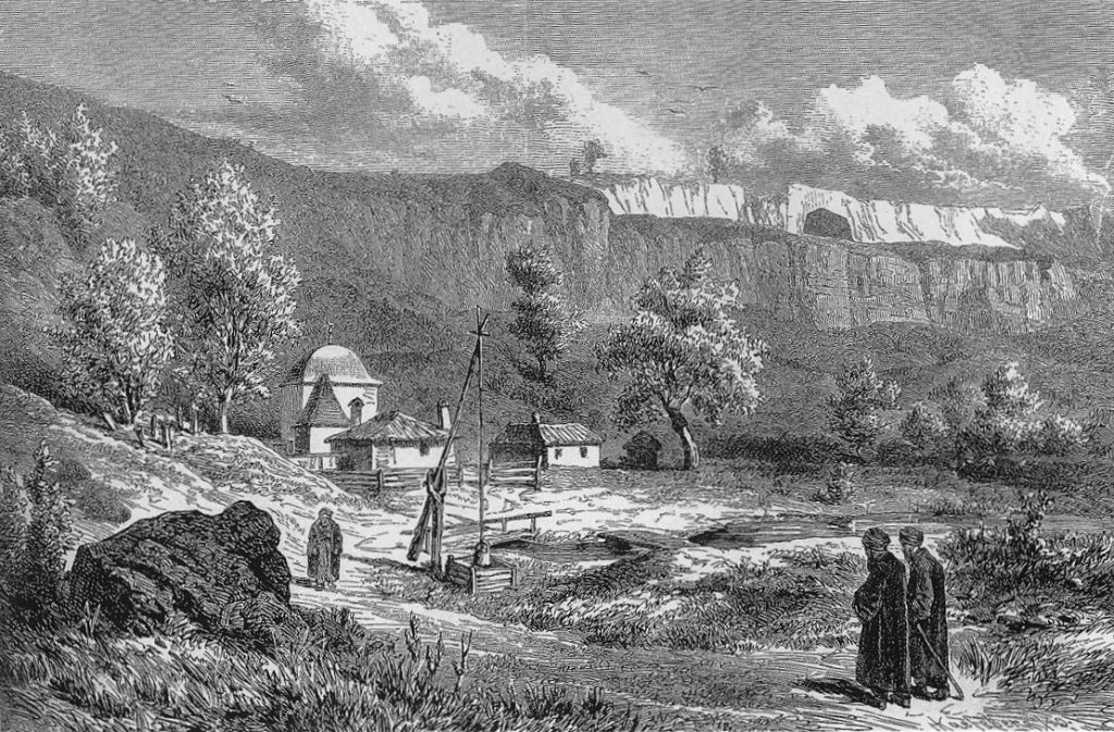 Posvátný areál Demir Baba Teke v 19. století. Zdroj obrázku: Felix Philipp Kanitz (1829-1904), Public domain, via Wikimedia Commons