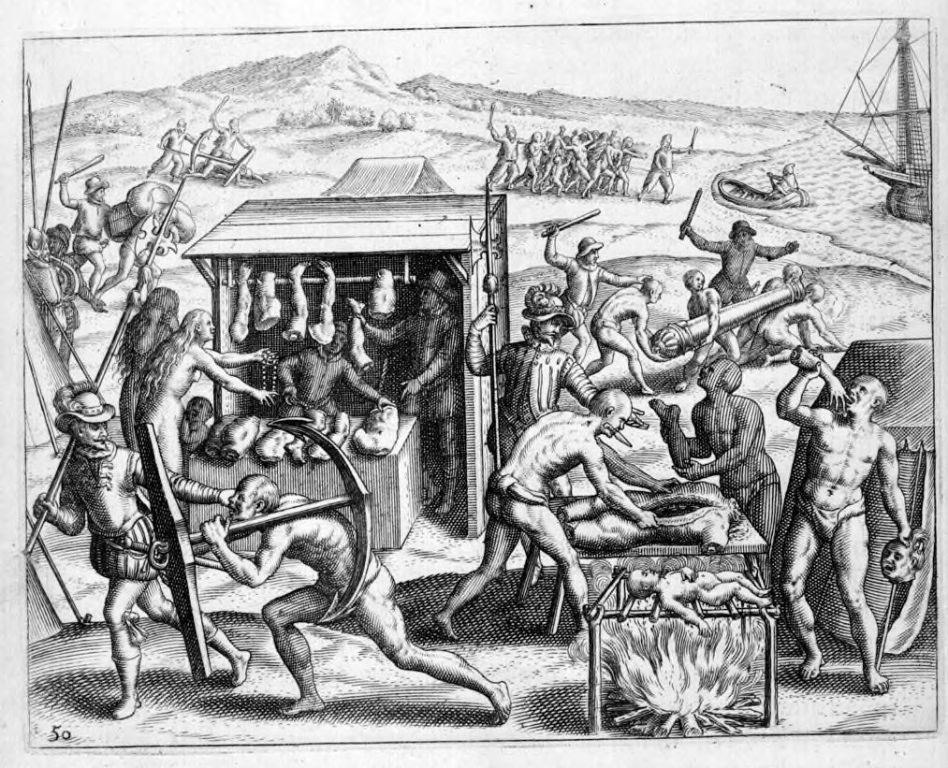 Zvěrstva Španělů na ostrovech v Karibiku. Zdroj obrázku:  Theodor de Bry, Public domain, via Wikimedia Commons

