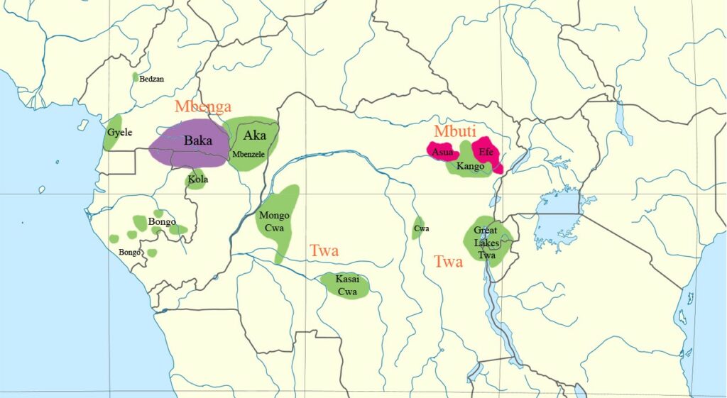 Mapa ukazující, kde všude lze potkat Pygmeje. FOTO: Kwamikagami / CC BY-SA 3.0