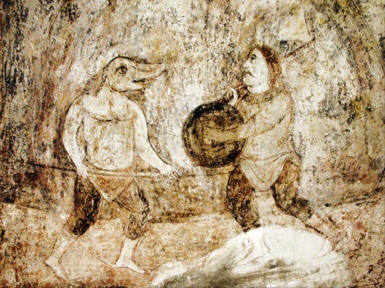 Freska s pravděpodobným vyobrazením berserského rituálu. Zdroj obrázku: Unknown, Public domain, via Wikimedia Commons