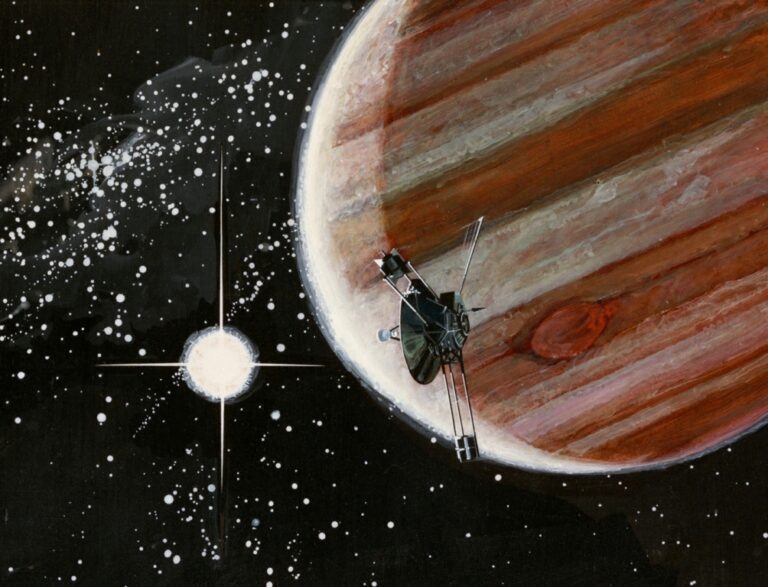 Sonda Pioneer 10 u planety Jupiter. Zdroj obrázku: Rick Guidice, Public domain, via Wikimedia Commons