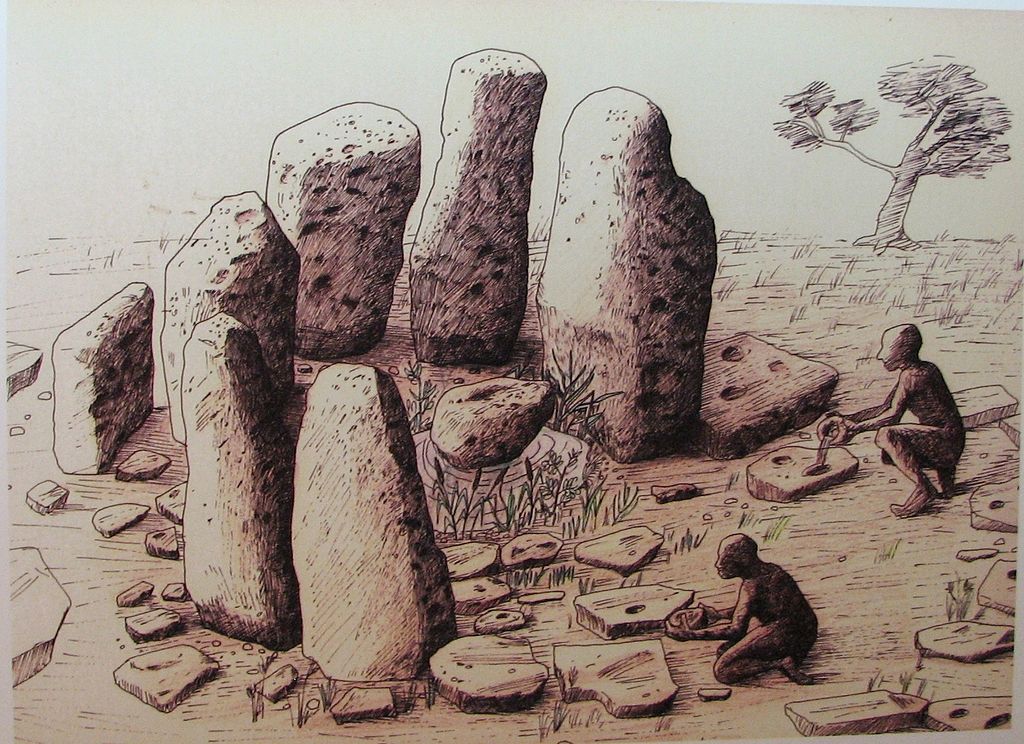 Kresba rekonstruující dávnou podobu megalitických kamenů v Atlit Yam. Zdroj obrázku:  Hanay, CC BY-SA 3.0 , via Wikimedia Commons

