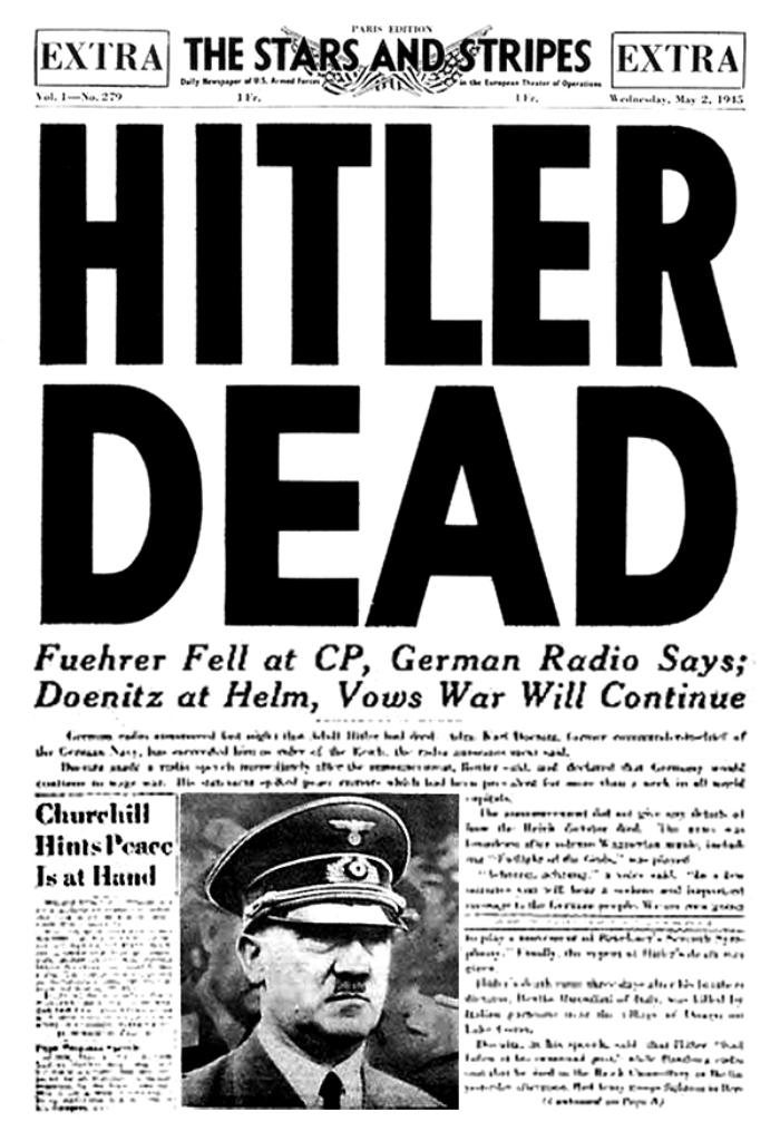 Noviny informují o smrti Adolfa Hitlera v roce 1945. V Jihlavě mu mohla „zvonit hrana“ už o šest let dříve. Zdroj foto:  Bundesarchiv, Bild 183-S62600 / CC-BY-SA, Public domain, via Wikimedia Commons

