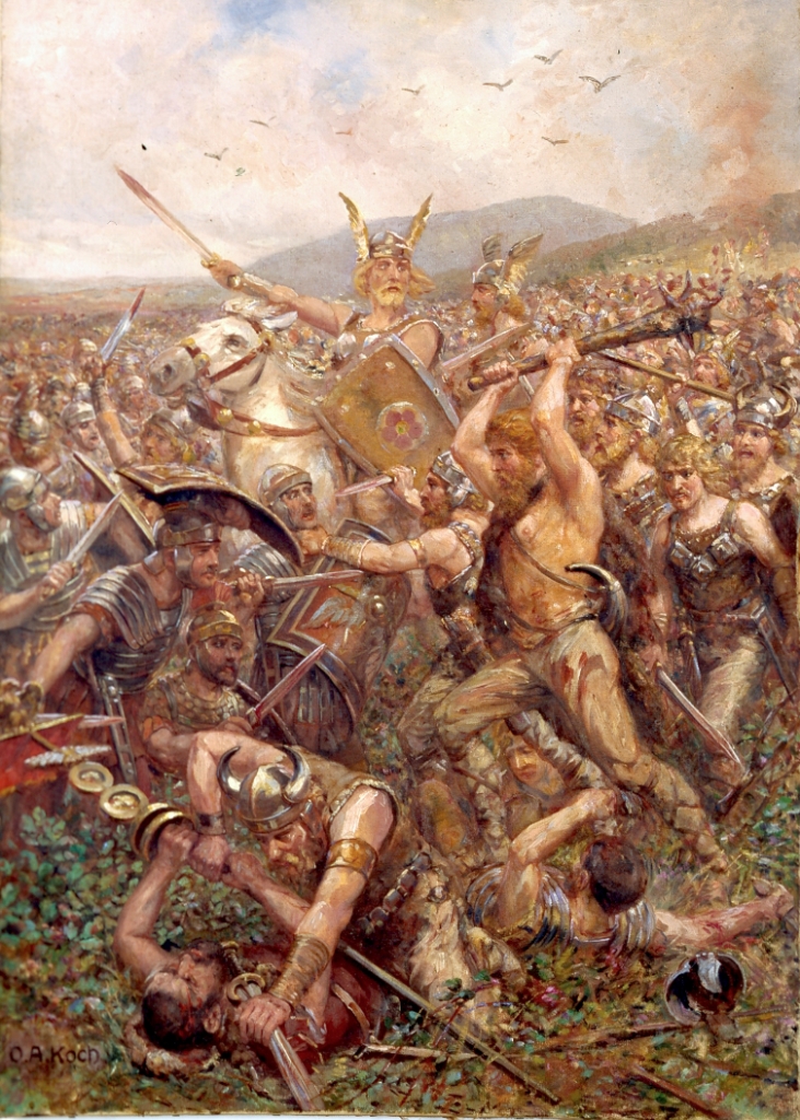 Germánské kmeny v boji s římskými legiemi. Zdroj obrázku:  Otto Albert Koch, Public domain, via Wikimedia Commons