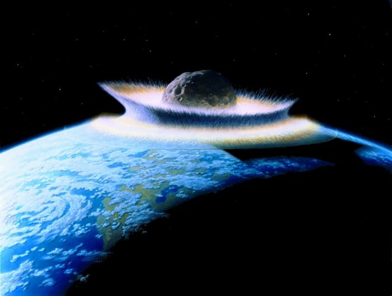 Srážka Země s velkým asteroidem. Vltavíny mají v sobě temné poselství o zranitelnosti naší planety. Zdroj foto: Don Davis (work commissioned by NASA), Public domain, via Wikimedia Commons