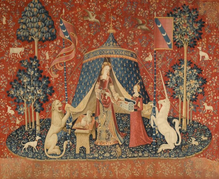 Záhadami opředená středověká tapiserie č. 6 z cyklu Dáma a jednorožec. Zdroj obrázku: Unknown author, Public domain, via Wikimedia Commons