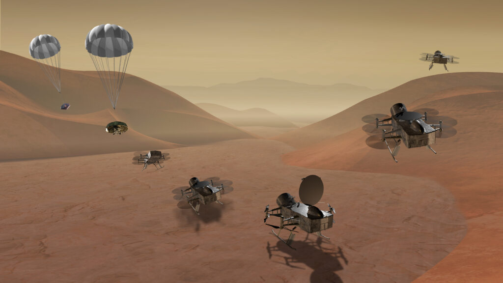 Koncept nasazení dronů na Titanu. Zdroj obrázku:  NASA, Public domain, via Wikimedia Commons
