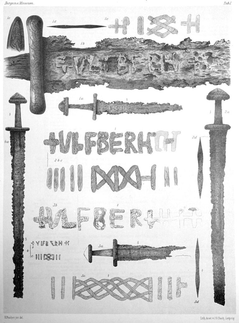 Kresba Ulfberhtských mečů nalezených v Norsku z roku 1889. FOTO: neznámý autor / Creative Commons / volné dílo