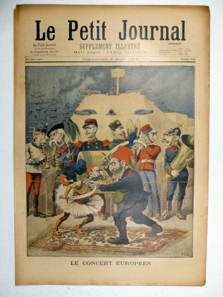 Výmluvné karikaturní zobrazení řecko-tureckých vztahů na konci 19. století. Zdroj obrázku:  
Le Petit Journal, Public domain, via Wikimedia Commons
