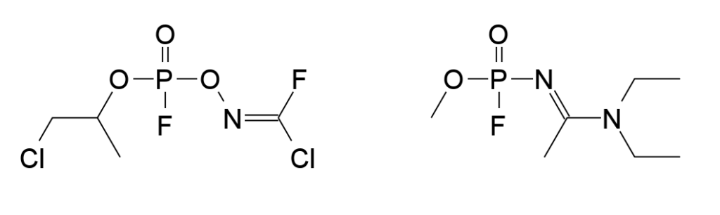 Chemické vzorce některých látek označovaných jako novičok. FOTO: Meodipt / Creative Commons / CC BY-SA 3.0