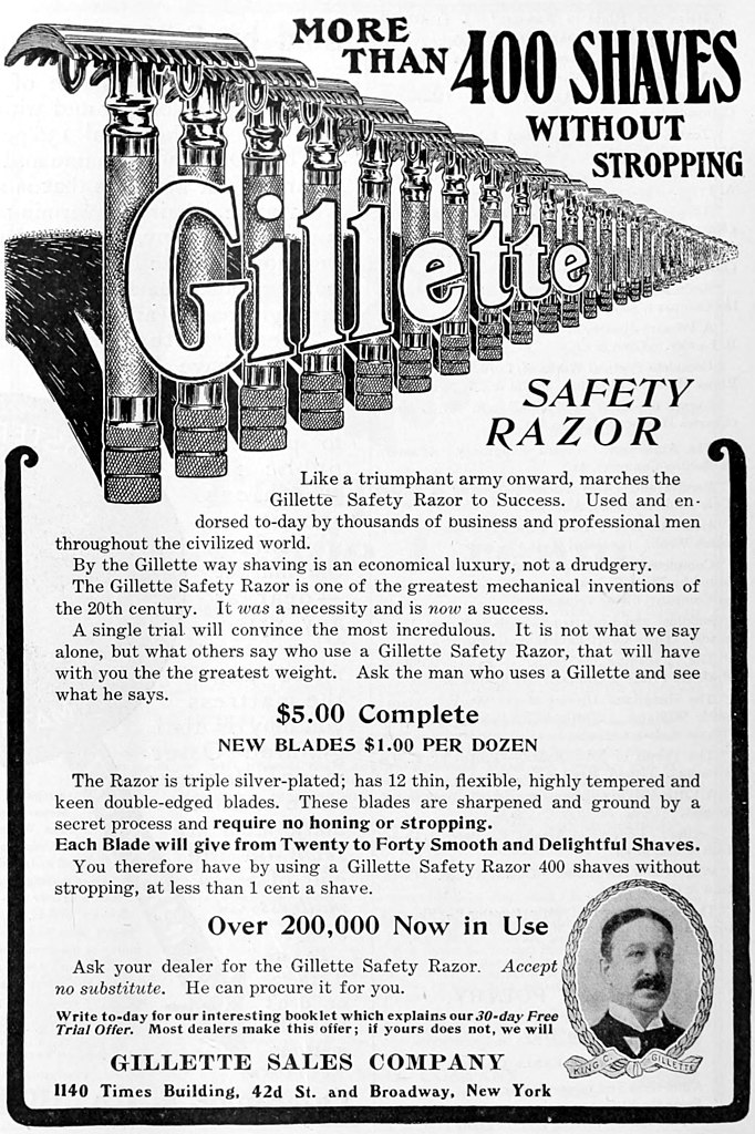 Reklama výrobce holicích čepelek z roku 1905. Zdroj obrázku: Gillette Safety Razor Company, Public domain, via Wikimedia Commons