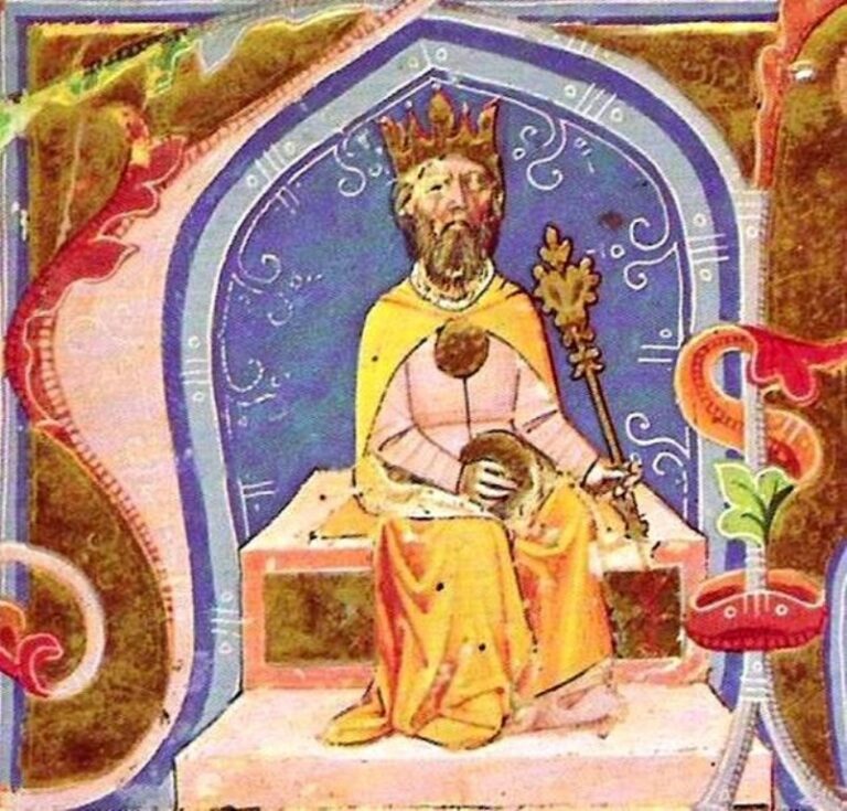 Attila na trůnu s atributy královské moci. Zdroj obrázku: Anonymus (P. Magister), Public domain, via Wikimedia Commons